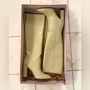 Paris Texas Cream Croc-Effect Embossed Heeled Boots